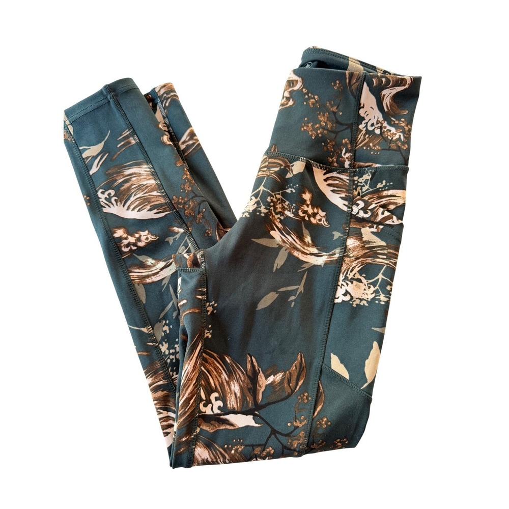Body‎ Glove Womens Teal Gold Wave Floral Print High Rise Leggings Side Pockets S